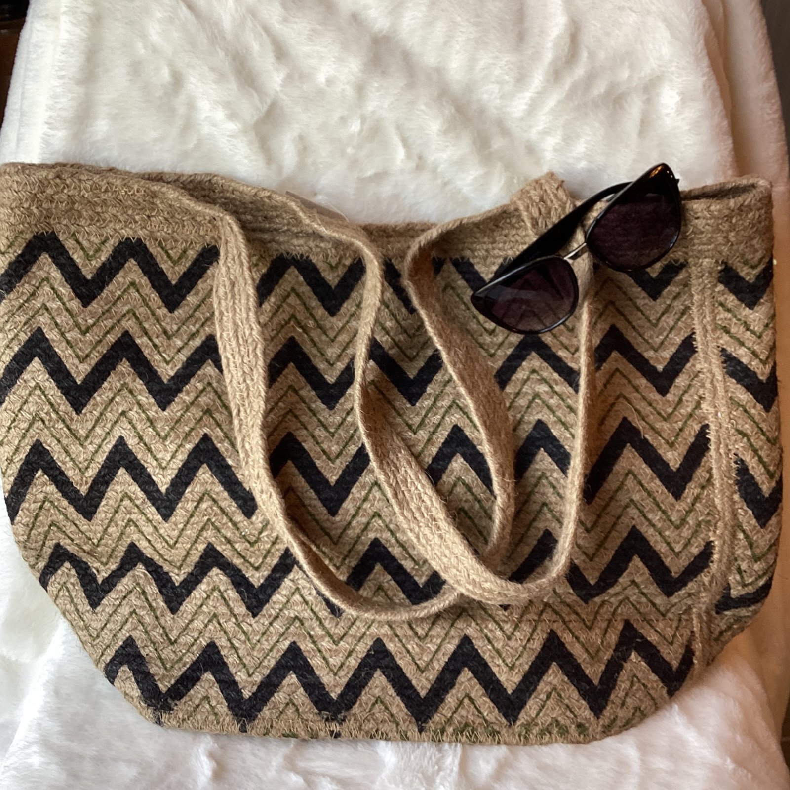 Natural and black woven tote