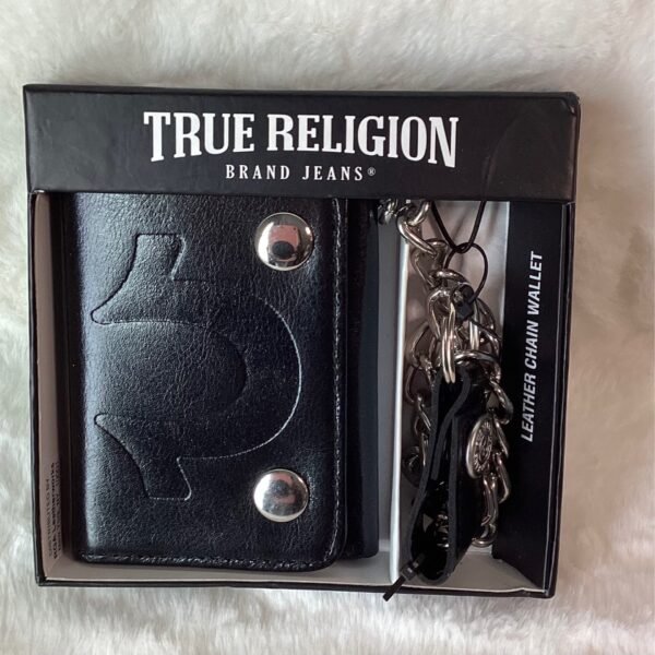 True Religion black leather chain wallet set